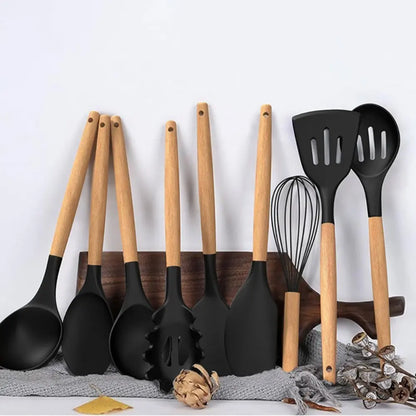 45-Piece Silicone Kitchen Utensil Set with Heat-Resistant Wooden Handles, Non-Stick Coating, Multi-Functional Spoons & Spatulas, Easy-To-Clean Cooking Tools