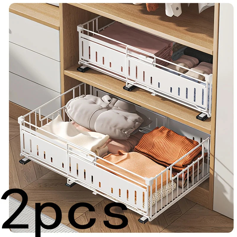 Retractable Drawer Organizer Basket-Under-Cabinet/Pull-Out Shelf with Space-Saving Foldable Design, Stainless Steel Construction