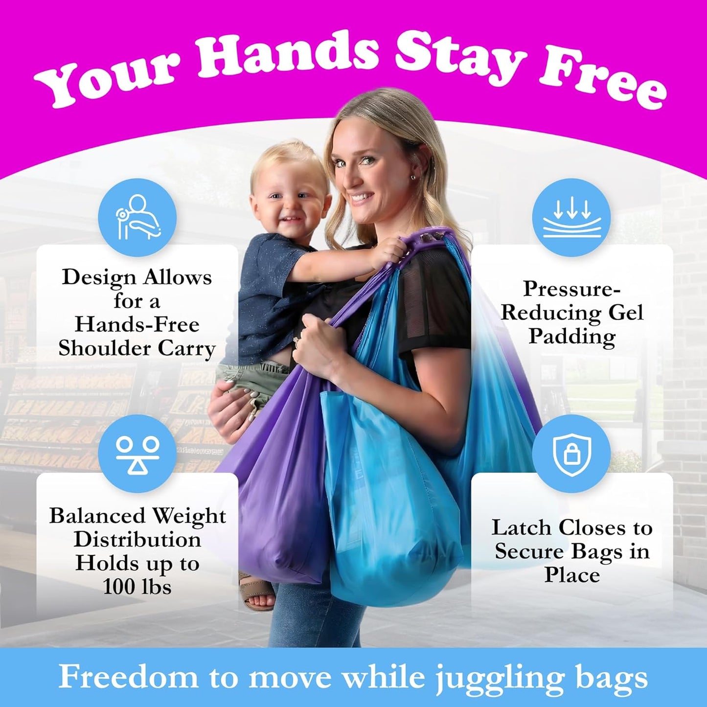 Ergonomic Grocery Bag Carrier Handle & Bag Holder - Purple