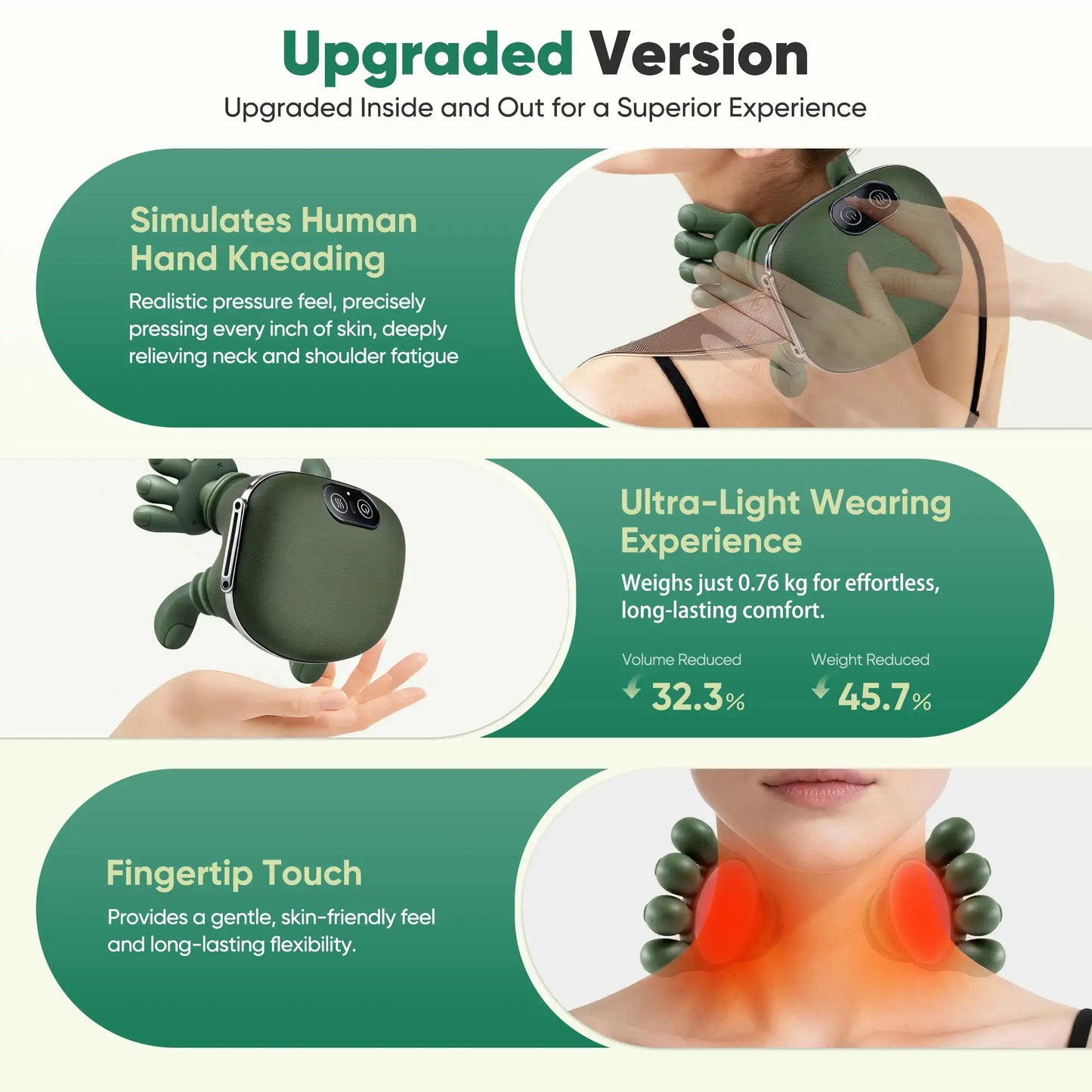 Upgraded Brushless Motor Neck Massager Electric Cervical Massager Bionic Handheating Wireless Portable 3D Kneading Massage for Pain Relief Deep Tissue，Leg Neck & Back Massager & Lightweight Gift