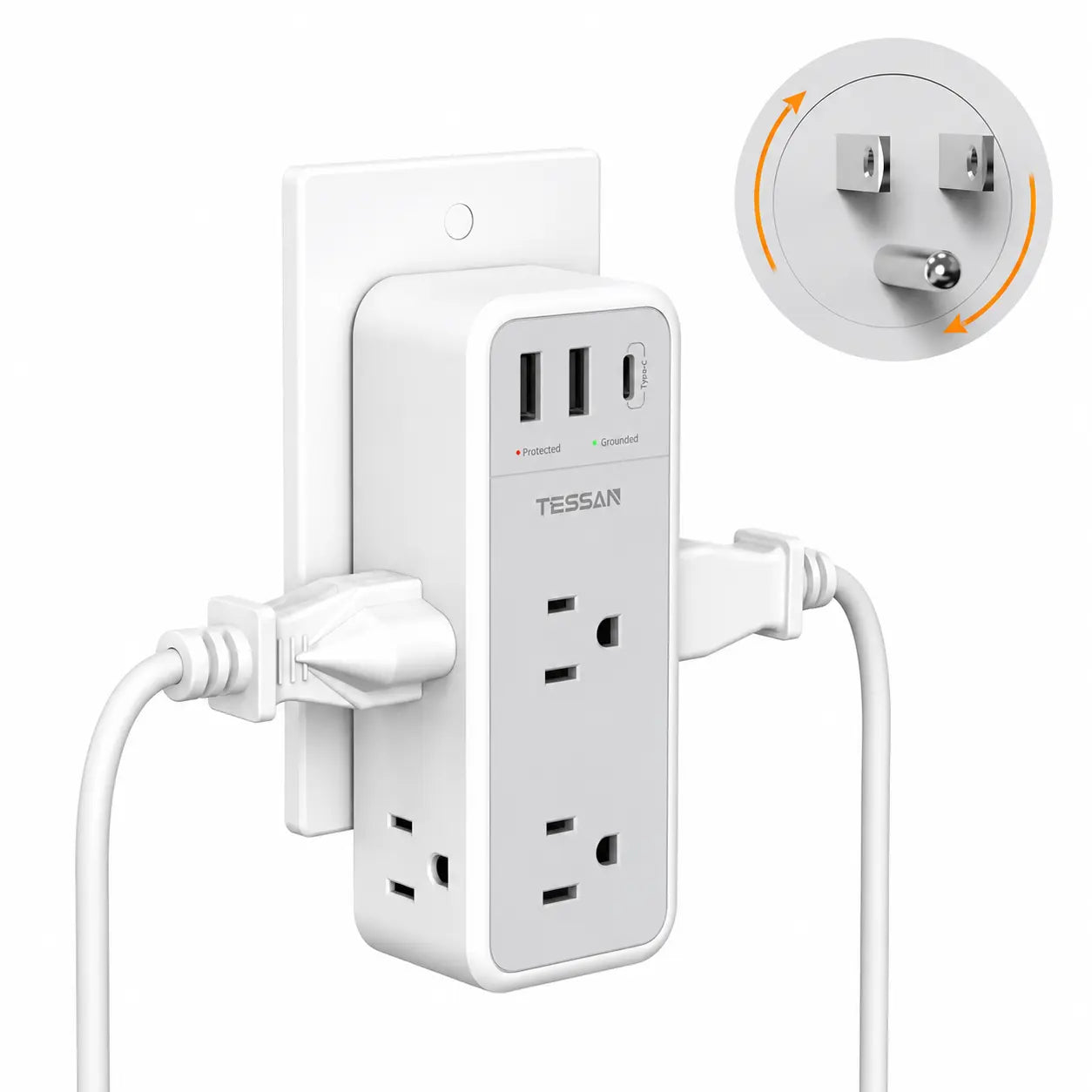 TESSAN Multi Plug Wall Outlet Splitter with 360 Rotating Plug, TESSAN 1800J Surge Protector Outlet Extender with 6 AC and 3 USB Ports (1 USB C), 1875W, 3 Sided Wall Socket Expander for Home Office Dorm Room