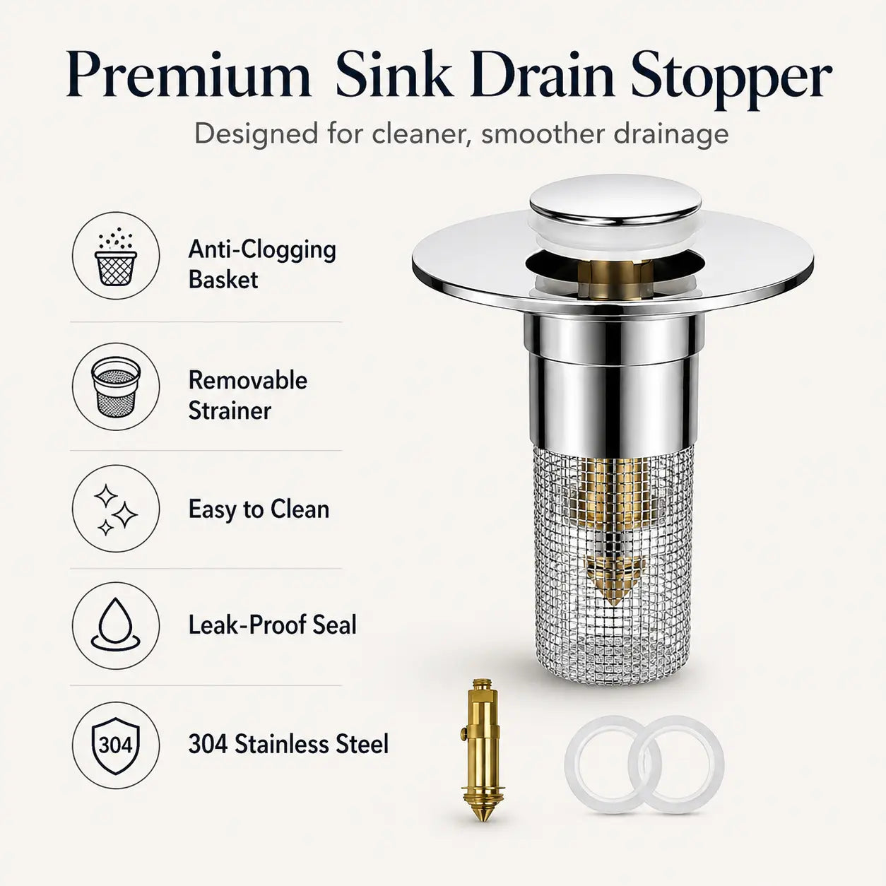 Universal Pop-Up Sink Drain Stopper with Stainless Steel Filter Basket Anti-Clog Debris Catcher Easy Install for Bathroom Kitchen