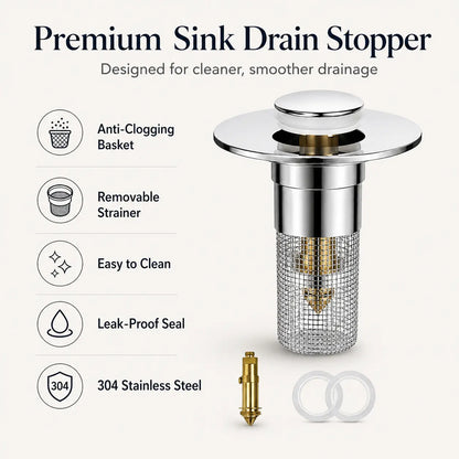 Universal Pop-Up Sink Drain Stopper with Stainless Steel Filter Basket Anti-Clog Debris Catcher Easy Install for Bathroom Kitchen