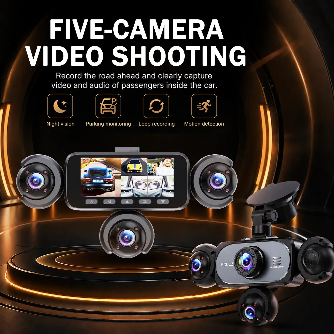 BCUOZ 5-Channel Full HD 1080P Car Dash Cam with 64GB Memory Card,Requires Charging to Use,1080P Front + Rear+ Inside/Left/Right Cameras, Loop Recording,Super Night Vision,Car Video Surveillance,24H Parking Mode,Car DVR HD Screen#Summervibes. Outdoorfun