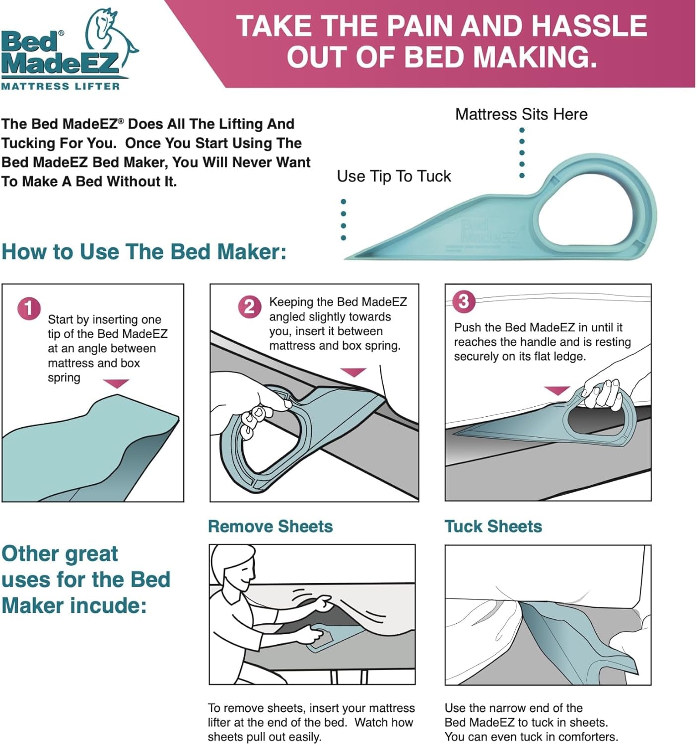 Mattress Lifter & Bed Maker Tool for Changing Bed| Patented & Made in USA | Lifts & Holds the Mattress, Tucks Sheets, Removes Sheets, Bed Skirts and More