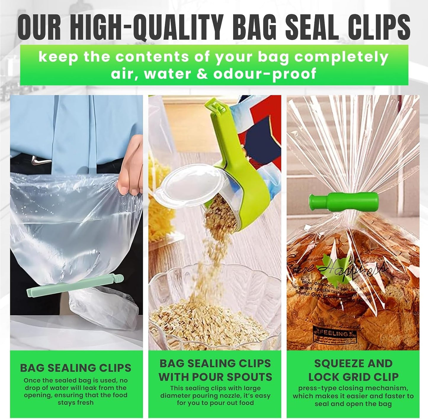Bag Sealer Clips- Mix Pack: 12 Multisize Clips, 4 Squeeze-And-Lock for Bread Bags, 2 with Pour Spouts – for Airtight Freshness and Spill-Free Storage