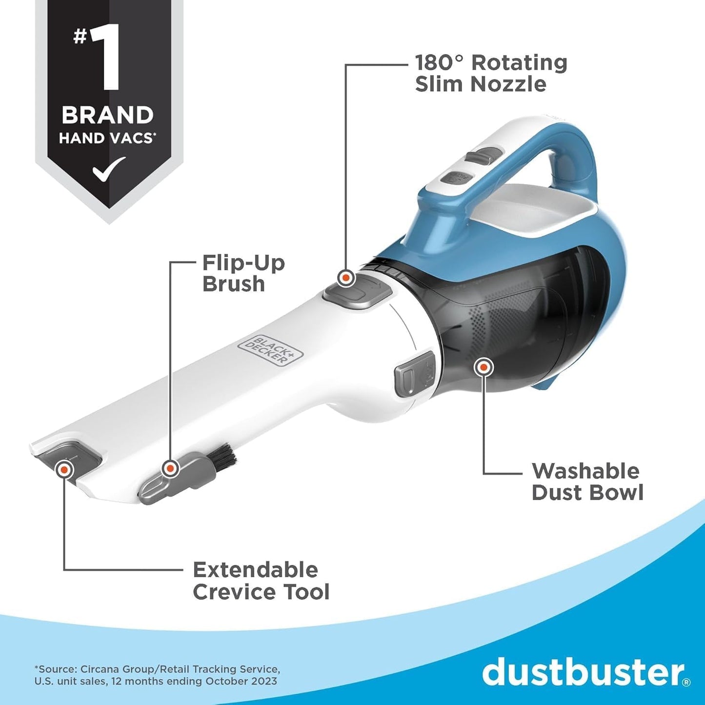 Black+Decker, Dustbuster Advancedclean Handheld Vacuum Cordless, Compact Home and Car Vacuum with Crevice Tool, Rotating Nozzle and Charging Station