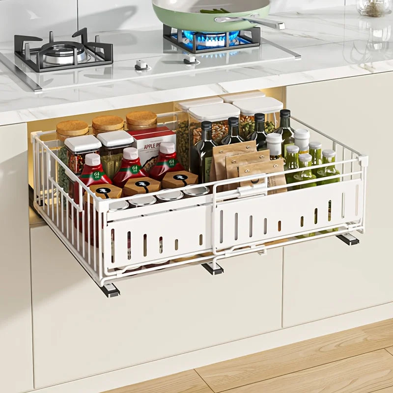 Retractable Drawer Organizer Basket-Under-Cabinet/Pull-Out Shelf with Space-Saving Foldable Design, Stainless Steel Construction